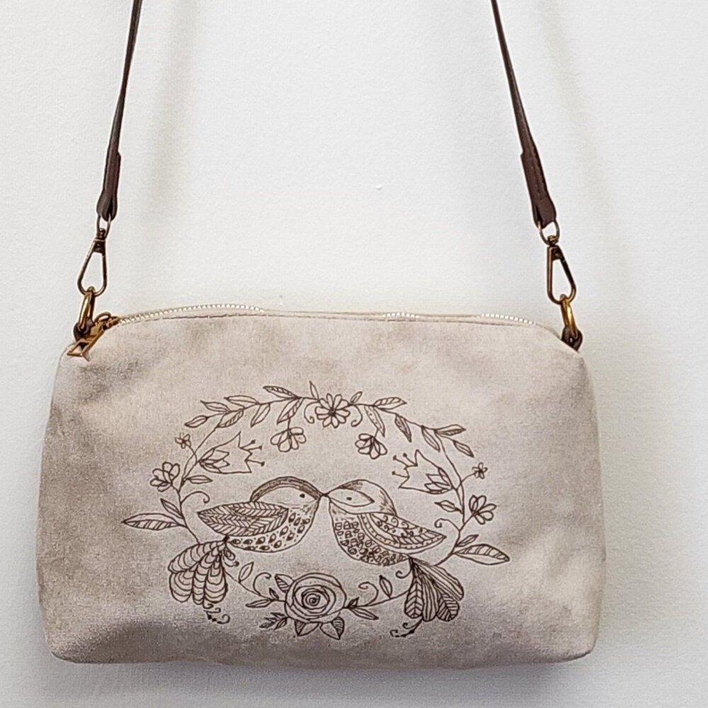 Hand Burned Crossbody Bag Handbag Purse Adjustable Strap Love Birds Khaki Color